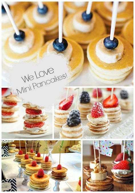 Mini Pancake Stacks {Brunch Foods That Rock}!  For baby shower you could tie a pink ribbon to the sticks.  easy peasy. Baby Shower Pasta, Brunch Foods, Girls Brunch, Brunch Drinks, Mini Pancakes, Pancake Stack, Brunch Buffet, Baby Shower Brunch, Birthday Brunch