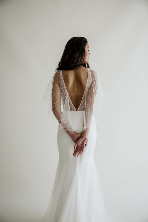 Sabine by Anais Anette | 2019 Wedding Dresses | Modern Wedding Dresses | Fitted Wedding Dress with swiss dot tulle | Fit and Flare Wedding Dress | Low Back Wedding Dress | Wedding Dress With Long Train | Flutter Sleeve Wedding Dress | Cool Girl Wedding Dresses | Crepe and lace wedding dress | Simple and Clean Wedding Dresses | Fashion Forward Wedding Dresses | Minimalist Bride | Minimalist Wedding Dress | #anaisanette#2019weddingdresses #aandbebridalshop Anais Anette, Wedding Dress Low Back, How To Dress For A Wedding, Long Sleeve Wedding Gowns, Minimalist Bride, Wedding Dresses Cinderella, Minimalist Wedding Dresses, Fit And Flare Wedding Dress, Back Wedding Dress