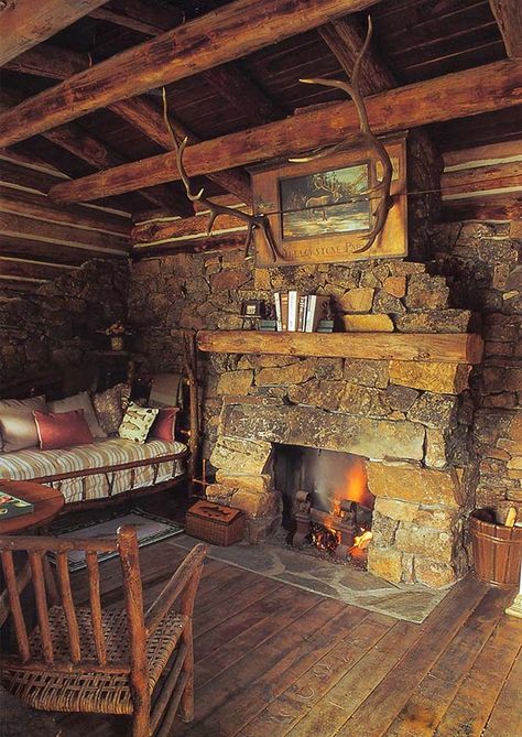 Stone Fireplace Designs, Stone Cabin, Stacked Stone Fireplaces, Cabin Fireplace, Fireplace Stone, Little Cabin In The Woods, Stone Fireplaces, Fireplace Designs, Rustic Fireplaces