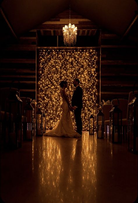 Twinkle Lights Reception, Wedding With Lights Indoor, Rustic Wedding Ceremony Decor Indoor, Fairy Light Wedding Ceremony, Twinkle Lights At Wedding, Wedding Lighting Indoor Receptions Romantic, Moody Lighting Wedding, Moody Wedding Lighting, Wedding Reception Lights Indoor