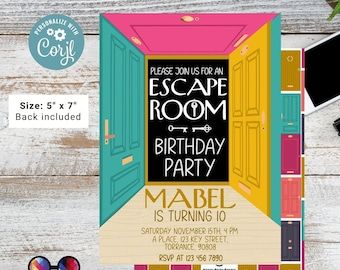 Printable invitation. Escape room party. free shipping, free envelopes and 10% off on your order over $49, when use the code: https://printsoflove.com/ref/THEHAPPYTEMPLATES Escape Room Invitation, Escape Room Birthday Party, Escape Room Party, Template Pastel, Boys Edit, How To Make Banners, Happy Party, Invite Template, Birthday Template