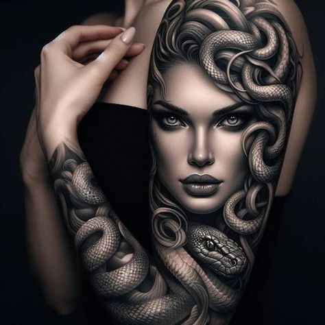 Female Greek Goddess Tattoo, Madussa Tattoo Design Women, Medusa Leg Sleeve Tattoo, Medusa Sleeve Tattoos For Women, Medusa Eyes Tattoo, Medusa Tattoo Design For Women, Medusa Sleeve Tattoo, Feminine Medusa Tattoo, Medusa Sleeve