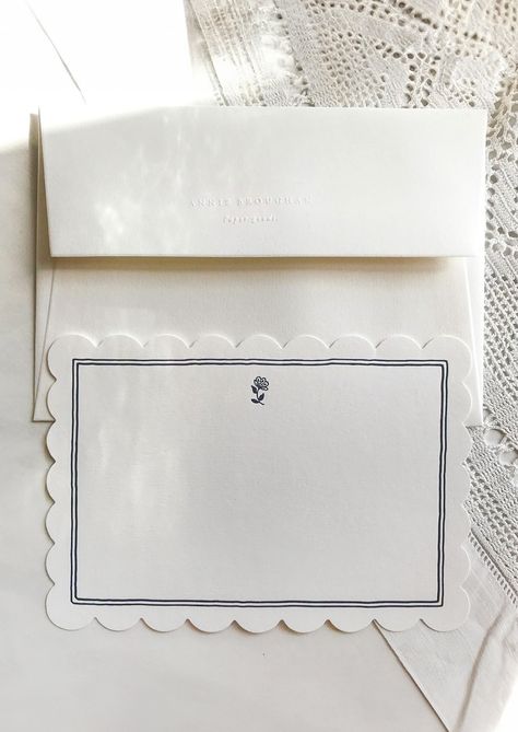 Includes Single card with envelope Size 5.75" x 4" Style Flat card Origin United Kingdom French Linens, Writing Materials, Projets Cricut, Stationary Cards, Folk Embroidery, Wedding Stationary, 로고 디자인, Name Cards, Scalloped Edge