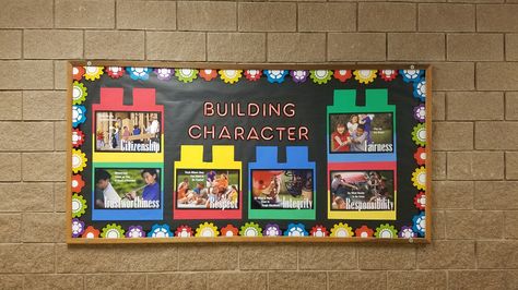 Building Character bulletin board. Lego/building blocks and six pillars of character posters. Building Character Bulletin Board, Building Theme Bulletin Board Ideas, Character Building Bulletin Board Ideas, Lego Bulletin Board Classroom, Lego Themed Bulletin Boards, Character Counts Bulletin Boards, Lego Classroom Decorations, Education Bulletin Board Ideas, Lego Bulletin Board