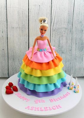 Rainbow princess cake Barbie Cake Designs, Princess Theme Cake, Princess Doll Cake, Barbie Doll Birthday Cake, Rainbow Layer Cakes, Cake Inside, Pig Birthday Cakes, Barbie Doll Cakes, 4th Birthday Cakes