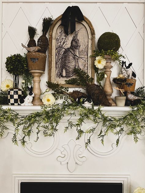 Farmhouse, decor, accents, gardening, grapevine carrot, topiary, rabbit, wall decor, bunnies, mantle, INSPO, spring, easter, bird, nest, country, cottage Easter Mantle Decor, Victorian Easter, Easter Mantle, Rustic Easter, Hoppy Easter, Mantle Decor, Easter Ideas, Spring Easter, Decor Accents