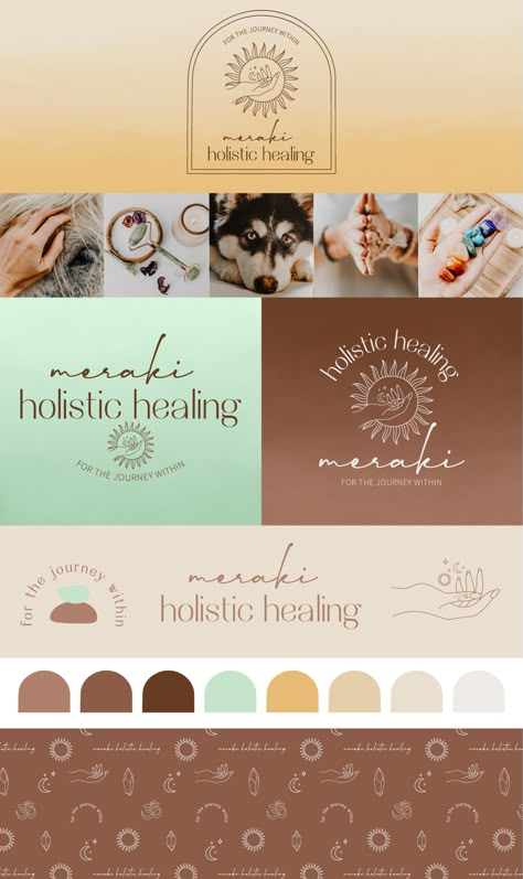 Branding inspiration for spiritual, holistic, yoga and wellness brand using a neutral branding colour palette with pops of mint and golden yellow, boho inspired branding concept with primary logo, secondary logos, brand mark design and a brand pattern, fun and organic colour palette, holistic branding concept with line drawings and a bohemian twist. If you're a small business in need of branding, get in touch! #branddesign #brandidentity #logoinspiration #holisticlogoconcept Boho Colour Palette Bohemian, Holistic Logos Inspiration, Spiritual Branding Design, Holistic Logo Design, Boho Branding Inspiration, Spiritual Logo Design, Branding Colour Palette, Logo Pattern Design, Holistic Yoga