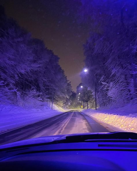 Flocked trees, cool, purple, driving at night, fast, slow, pretty, winter aesthetic Winter Drive Aesthetic, Purple Aesthetic Winter, Purple Winter Aesthetic, Avery Core, Winter Drive, Bedroom Collage, Cruise Ships Interior, Blurry Pics, Purple Snow