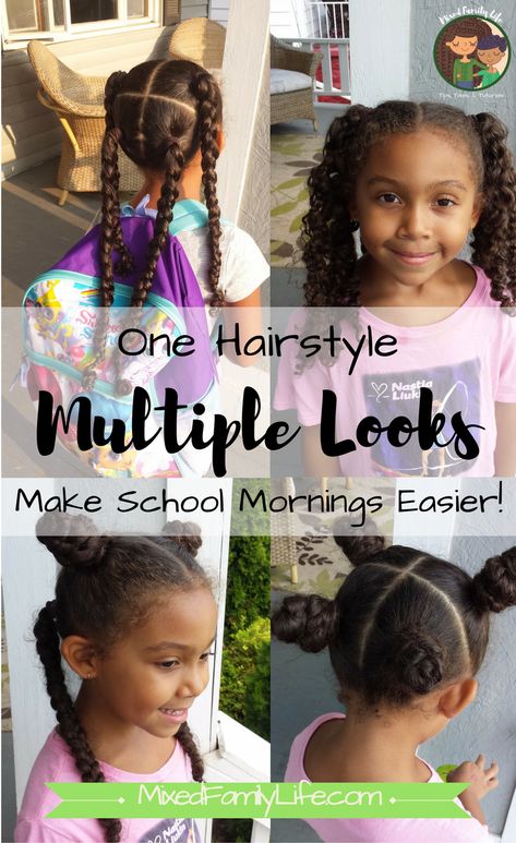 School mornings are always a struggle. I’m always on the hunt for finding ways to make school mornings easier, especially when it comes to doing my daughter’s miles of curly hair. A trick I’ve discovered is to put hair into a protective type style on Sunday that I can easily re-do through the week into […] Hair Styles For Mixed Hair, Protective Hairstyles For Mixed Kids, Mixed Kids Hairstyles Girls Easy, Biracial Hair Styles For Girls Kids, Little Mixed Girl Hairstyles Easy, Mixed Hair Styles, Aaliyah Hairstyles, Mixed Race Hairstyles, Biracial Hair Care