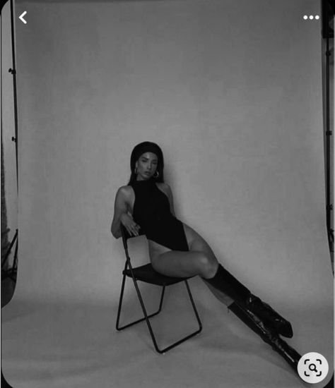 Black And White Chair Photoshoot, Black And White Themed Photoshoot, Pose Ideas Sitting Chair, Studio Sessions Photography Women, Chair Fashion Photography, Sitting Model Poses Chair, Photoshoot With A Chair, How To Pose Sitting Down On A Chair, Black Chair Photoshoot