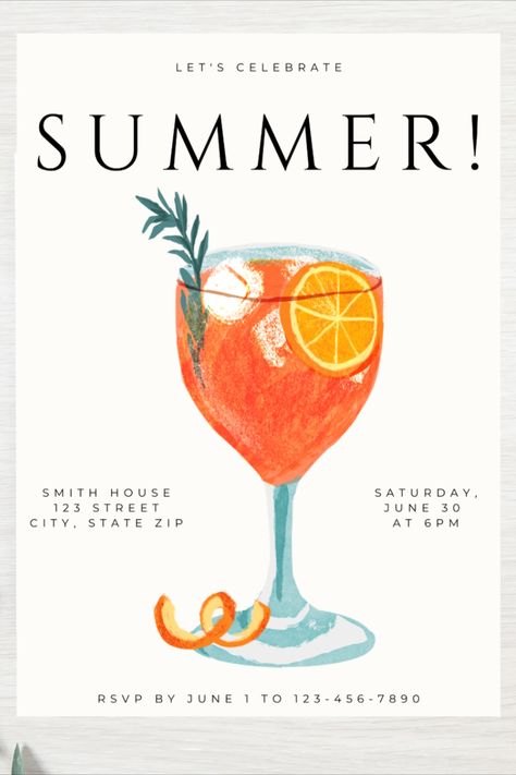 summer, summer time, season, themed party, summer party, cocktails, party invitation theme, summer party invitation, invitation template Backyard Brunch Aesthetic, Summer Soiree Invitation, Summer Dinner Party Invitations, Summer Soiree Party Ideas, Sundowner Party, Summer Party Invites, Welcome Back Party, Summer Backyard Parties, Summer Birthday Invitations