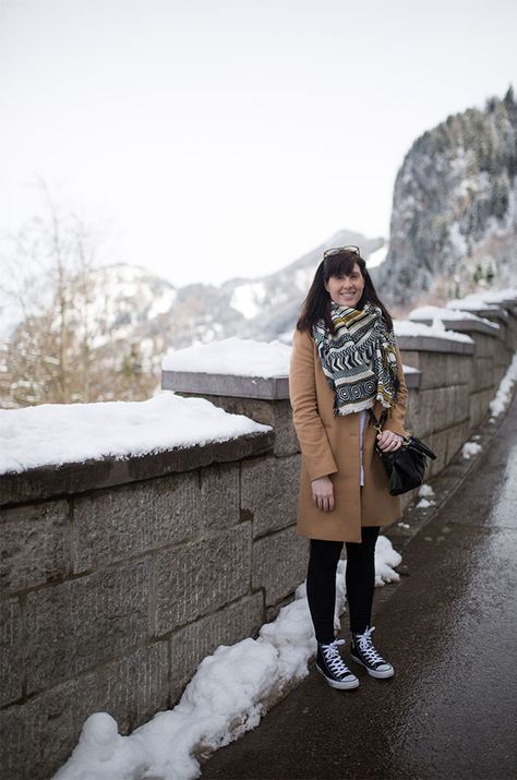 Bavaria’s Fairytale Castles : Visiting Neuschwanstein Castle Castle Outfit, Europe In March, March Outfits, Faux Fur Lined Coat, Franco Sarto Boots, Zara Scarf, Fur Lined Coat, Black High Top Converse, Neuschwanstein Castle