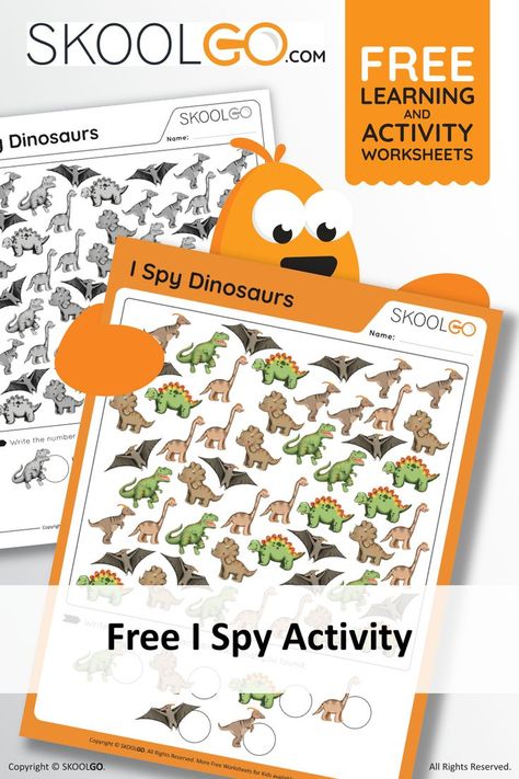 I spy, with my little eyes, a great activity for children to have fun and practice counting and many other skills at the same time. Indeed, this free I Spy Dinosaurs worksheet is a game that children will love. Besides, they can learn a lot by playing without realizing it! Dinosaur Worksheets, Dinosaur Printables, Writing Numbers, I Spy, Free Learning, Color Activities, Printable Activities, Worksheets For Kids, Sympathy Cards