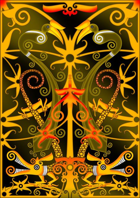 Dayaknese (modification) pattern Hornbills and dragons are in this pattern In Dayak mythology, the majestic and mighty hornbill is the symbol of the majesty of the 'upper world' while on the other ... Gawai Dayak Wallpaper, Gawai Dayak Background, Dayak Borneo Design, Dayak Borneo, Tato Suku, Borneo Tattoo, Motif Batik, Event Poster Design, Diy Embroidery Patterns