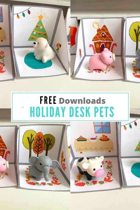 Free downloadable holiday themed desk pet homes. Desk pets as a classroom management tool and ideas for your classroom or homeschool. Enjoy a completely free download of our desk pet habitats and more! Desk pets are a great addition to your pre kindergarten class, first grade, second grade, and even third grade class! Classroom desk ideas. Classroom decor. Classroom treasure box ideas. Desk Pet Habitat Printable, Desk Pets Homes, Desk Pet Containers, Desk Pet Store, Desk Pet Habitat Ideas, Classroom Desk Ideas, Classroom Treasure Box Ideas, Desk Pet Ideas, Desk Pet Habitat