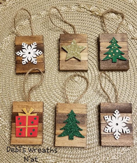 Holiday Crafts For Classroom, Gift Tag Ornaments Handmade Christmas, Dollar Tree Wooden Cutouts, Jenna Blocks Crafts, Jenga Ornament Ideas, Jenna Block Christmas Ornaments, Jenga Block Crafts Diy Dollar Tree Christmas, Wooden Block Christmas Crafts, Jenna Block Christmas Crafts