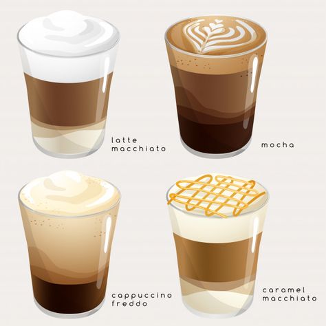 Coffee Digital Illustration, Cappuccino Illustration, Mocha Illustration, Cup Of Coffee Illustration, Coffee Reference, Latte Illustration, Mocha Macchiato, Coffee Flavors, Menu Illustration