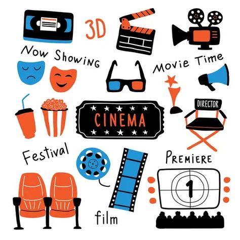 Movie cinema icons set colorful hand drawn doodle Vector Image Movie Elements, Cinema Idea, Doodle Vector, Movie App, Ink Lettering, Board Game Design, Movie Cinema, Movie Themes, Web Blog