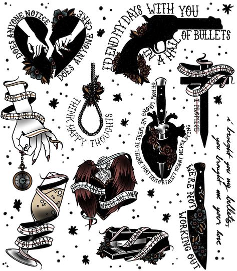 manda on Twitter: "full tattoo flash for each my chemical romance album 🖤… " My Chemical Romance Albums, Halloween Tattoo Flash, Emo Tattoos, Jagua Henna, Full Tattoo, 4 Tattoo, Flash Tattoo Designs, Tattoo Flash Sheet, Spooky Tattoos