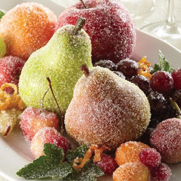 Chloe's Inspiration ~ Sugared Fruit Centerpieces - Celebrate & Decorate.  I think I would use turbinado sugar instead.  The white seems so 'uniform'. Sugared Fruit, Do It Yourself Decoration, Fruit Crafts, Fruit Centerpieces, Christmas Details, Cookie Exchange, Sugar Plum, Noel Christmas, Holiday Tables