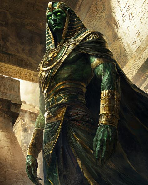 Hefaistos God, Egyptian Gods Art, Fantasy Egyptian, God Osiris, Egyptian Deities, Ancient Egyptian Mythology, Green Skin, The Afterlife, Egyptian Mythology