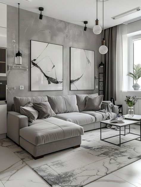 Light Grey Modern Living Room, Minimalist Gray Living Room, Greyscale Home Decor, White Walls Dark Floors Living Room, Black White Grey Living Room, Gray Decorating Ideas, Interior Design Living Room Grey, Gray And White Living Room, Gray Interior Design