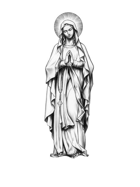 Virgin Mary Background, Mary Illustration, Virgin Mary Drawing, Madonna Tattoo, Mary Drawing, Rosary Tattoo On Hand, Mother Mary Tattoos, Christus Tattoo, Maria Tattoo