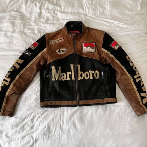 Malboro Vintage Jacket, Vintage Biker Jacket Outfit, Vintage Leather Jackets, Vintage Biker Jacket, Vintage Racing Jacket, Dope Outfits For Guys, Racing Jacket, Vintage Leather Jacket, Causual Outfits