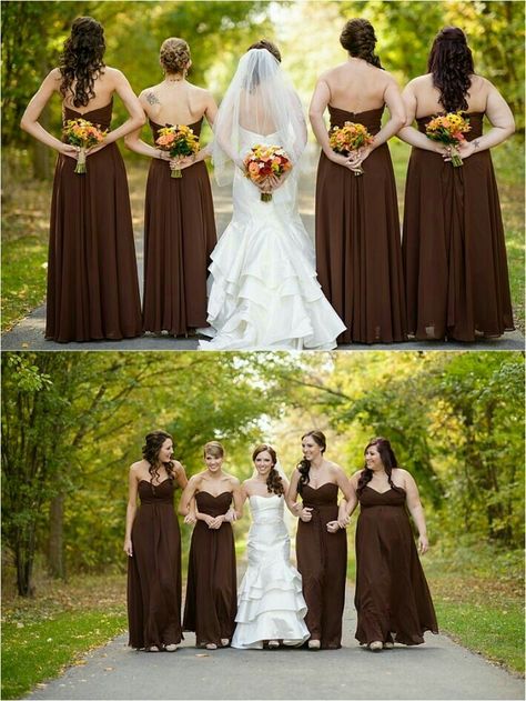 Bridesmaids dresses November Wedding Dresses, Chocolate Bridesmaid Dresses, Fall Wedding Sign, Fall Wedding Bridesmaids, Brown Bridesmaid Dresses, Autumn Bridal, Sweetheart Bridesmaids Dresses, Wedding Themes Fall, Brown Dresses