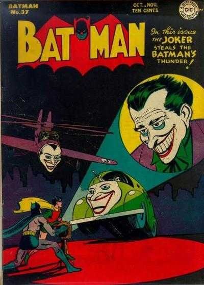 Batman #37 - The Joker Steals The Batman's Thunder! : The Joker Follows Suit (Issue) Batman Cover, Batman Comic Book, Dc Comics Poster, Joker Comic, Der Joker, The Bat Man, Batman Comic Books, Bob Kane, Golden Age Comics