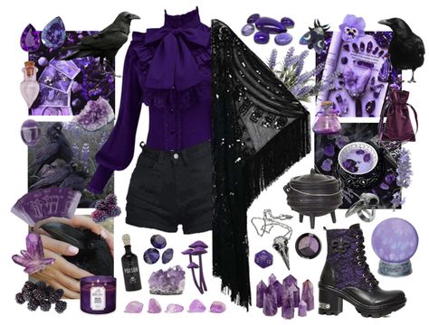 the witch is in Outfit | ShopLook Witch Dress Modern, Planetarium Outfit Ideas, Witch Themed Outfit, Purple Goth Aesthetic Outfit, Purple Witch Aesthetic Outfit, Pastel Witch Outfit, Witchy Outfits Winter, Purple Witch Outfit, Purple Goth Outfits