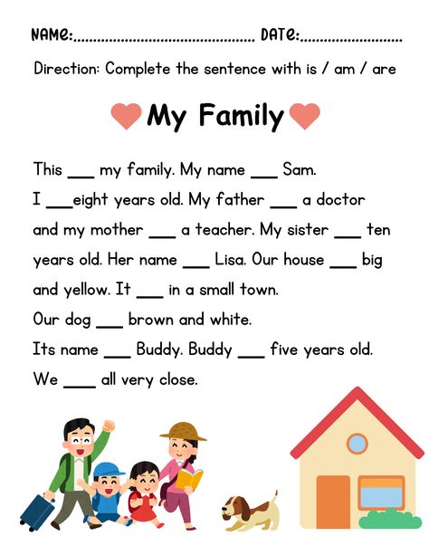 This exercise set is designed to help elementary school students practice using the verb "to be" (is, am, are) in various everyday contexts. The exercises cover topics such as family, hobbies, school, friends, teachers, and pets. Each topic consists of 6-10 sentences with blanks where students need to fill in the correct form of "to be." Am Is Are Exercises, Is Am Are, To Be Verbs Worksheet, 1st Class English Worksheet, Present Simple Worksheets For Kids, Verb To Be Worksheets For Kids, To Be Worksheet For Kids, Am Is Are Worksheets, Family Worksheets For Kids