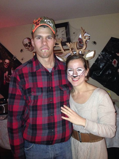 Deer And Hunter, Scary Couples Costumes, Deer Makeup, Owl Costume, Deer Costume, Couples Halloween Costume, Couple Costumes, Couples Halloween, Dress Makeup