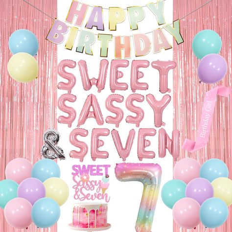 PRICES MAY VARY. You will get: 1*Macaron happy birthday banner, 1*3.28*6.56ft Macaron pink curtain, 20*12inch Macaron latex balloons(4*yellow, 4*pink,4*purple,4*teal blue, 4*baby blue), 1*40inch sky gradient number 7 balloon, 1*16inch SWEET SASSY & SEVEN foil balloon, 1*pink ice cream themed sweet sassy & seven cake topper, 1* pink birthday girl sash. Sweet sassy & seven birthday banner decorations : Decorate the corner of this unforgettable 7th birthday party for the cute SWEET SASSY & SEVEN le Sweet And Seven Birthday, Seventh Birthday Party Themes, 7 Is So Sweet Birthday, Sweet Sassy Seven Birthday, Seven Is So Sweet Birthday, Girl Birthday Party Themes 7th, Seven Birthday Party Ideas Girl, Sassy And Seven Birthday Party, Girls 7th Birthday Party Themes