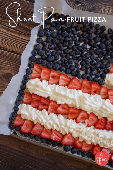 Sheet Pan Fruit Pizza - Stay Fit Mom Sheet Pan Fruit Pizza, Fruit Pizza Ingredients, Stay Fit Mom, Patriotic Cake, Sugar Cookie Cakes, Pan Cookies, Festive Cookies, Jelly Roll Pan, Sugar Cookie Frosting