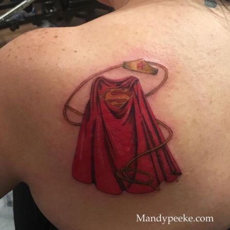 Superman Tattoos For Women, Cape Tattoo, Super Hero Tattoos, Superman Tattoo, Wonder Woman Tattoo, Superman Tattoos, Hero Tattoo, Batman Cape, Marvel Tattoos