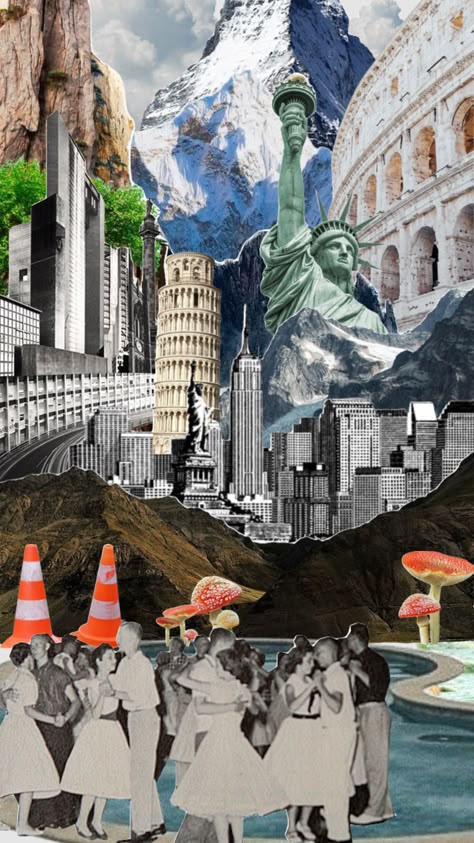 Landscape Collage Photography, Landscape Photo Collage, Landscape Collage Ideas, Cultural Graphic Design, Food Collage Design, How To Make A Collage, Nature Aesthetic Collage, Collage Painting Canvas, Landscape Collage Art