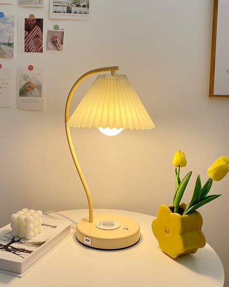 This elegant Crescini Pleated Table Lamp is the perfect addition to any living space. Featuring a metal and fabric finish, it provides both style and quality. It also features a USB port to charge your phone. Perfect for adding a touch of sophistication to your home. Lampe Aesthetic, Aesthetic Lamps, Pleated Lampshade, Yellow Lamp, Artistic Aesthetic, Energy Efficient Design, Mid Century Modern Decor, Light Bulb Types, Lamp Sets