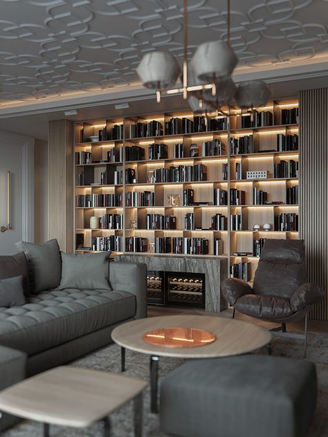 Modern Library Design Home, Luxury Library Room, Library Room Modern, Modern Library Room, Home Library Rooms, Bibliotheque Design, Elegant Living Room Decor, Modern Office Interiors, Modern Library