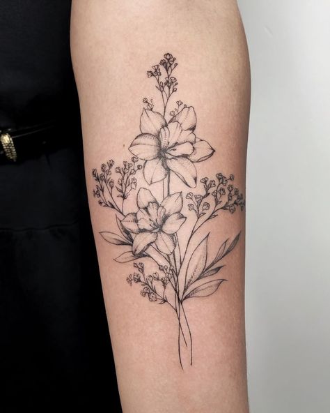 Birth Flower Tattoos Narcissus, Birthday Flowers Tattoo Ideas, Daffodils And Chrysanthemums Tattoo, Birth Flower Arm Tattoos For Women, 2 Stem Flower Tattoo, Large Birth Flower Tattoo, April And May Birth Flower Tattoo Together, Birth Month Flower Tattoos Forearm, Birth Tattoos For Moms