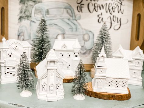 dollar tree christmas village makeover Christmas Village Makeover, Dollar Tree Christmas Village, Christmas Diy Dollar Tree, Christmas Village Ideas, Tree Village, Village Ideas, Pottery Barn Christmas, Diy Christmas Village, Diy Christmas Decor