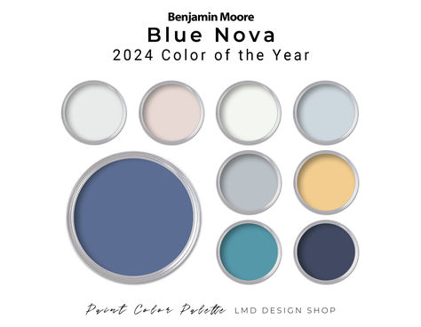 Benjamin Moore Blue Nova palette is upbeat and fresh, designed to feature the 2024 color of the year for a whole house color scheme. Modern Victorian Paint Colors, Behr Blue Paint Colors 2023, Periwinkle Paint Color Benjamin Moore, Behr Blue Willow Paint, Pale Blue Paint Colors By Behr, Medium Blue Paint Colors Benjamin Moore, Whole House Paint Palette, Victorian Paint Colors, House Paint Palette