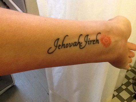 My first tattoo! Jehovah Jireh.  Genesis 22:14 http://www.biblegateway.com/passage/?search=Genesis%2022:14&version=NIRV Jehovah Jireh Tattoo, Jw Tattoo, Jireh Tattoo, Jehovah Jireh, Jehovah's Witnesses, Word Tattoos, First Tattoo, Tattoo Idea, Diy Projects To Try