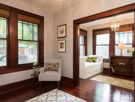 what color wood flooring goes well with mahogany trim? Wood Trim And Doors, Craftsman Style Interior, Trim And Doors, Colonial House Interior, Farmhouse Trim, Dark Wood Trim, 1920s Bungalow, 1920s Interior Design, Bungalow Interiors