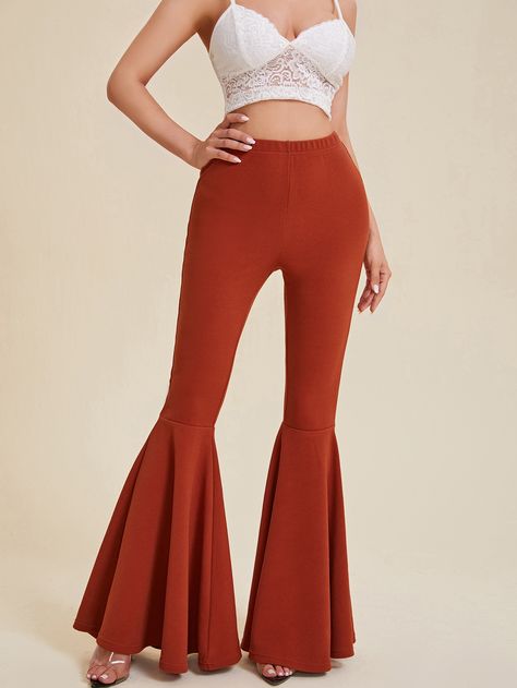 SHEIN Solid Elastic Waist Flare Leg Pants Orange Bell Bottoms, Flare Leg Trousers, Red Flare, Women Bottoms, Flare Leg Pants, Bell Bottom Pants, Women Pants, Flare Trousers, Shein Style