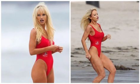 Lily James channels Pamela Anderson in a red ‘Baywatch’ suit Pamela Anderson Bay Watch, Lily James Pamela Anderson, Baywatch Bathing Suit, Baywatch Tv Show, Baywatch Costume, Lilly James, Red Bathing Suit, Bay Watch, Red Bathing Suits