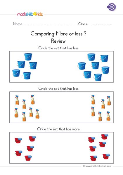 Assure success in math as you engage your first graders in this outstanding comparing: More or less activity. The comparison strategy to identify the more or less number of objects in each set will greatly enhance kid's counting and number sense skills. More And Less Worksheet Grade 1, Comparing Sets Kindergarten, Comparing Numbers Worksheet, Worksheet Math, Math Signs, Maths Worksheet, Preschool Calendar, Creative Worksheets, School Age Activities