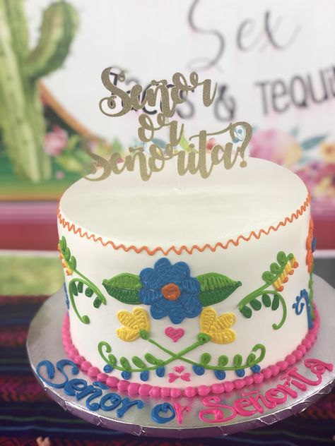 Mexican Gender Reveal Cake, Mexican Baby Shower Cake, Senor Or Senorita Gender Reveal, Mexican Gender Reveal, Señor Or Señorita Gender Reveal, Embroidery Cake, Gender Reveal Cakes, Mexican Baby Shower, Platinum Highlights