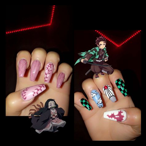 Kawaii Nail Art Anime, Anime Nail Designs Demon Slayer, Demon Slayer Nail Art Nezuko, Anime Themed Nails Acrylic, Anime Inspired Nails Demon Slayer, Demon Slayer Nails Nezuko, Demon Slayer Themed Nails, Nezuko Nails Acrylic, Demon Slayer Nail Designs