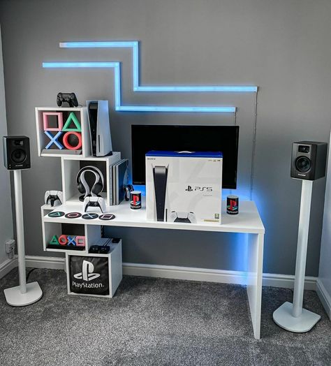 PlayStation Playstation Room, Gamer Room Design, Basement Game Room Ideas, Gaming Bedroom, Gamer Bedroom, Small Game Rooms, Computer Gaming Room, Game Room Basement, Gamer Room Decor